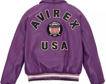 Handmade Purple Cowhide Leather Avirex Jacket: USA Iconic Style