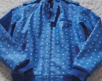 MCM Visetos Monogrammjacke, echte Rindslederjacke, blauer Bikermantel, luxuriöse Streetwear-Oberbekleidung
