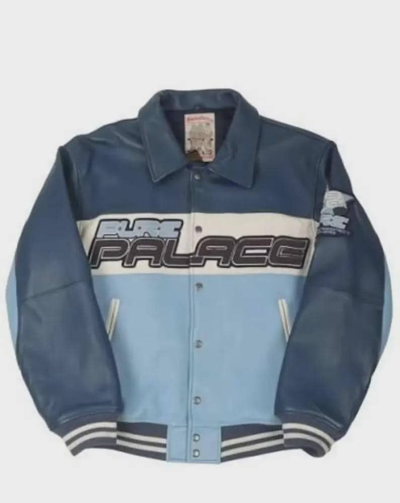 May include: A blue and light blue varsity jacket with the text "PALACE" across the chest. The jacket has a white stripe across the chest and sleeves, with a ribbed hem and cuffs. The jacket has a button-up front.
