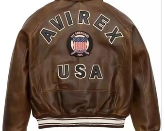Handmade Cowhide Leather Avirex Jacket: Brown USA Style