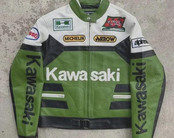 Handgefertigte Kawasaki Racing Leder Motorradjacke: Rindsleder Racing Jacke