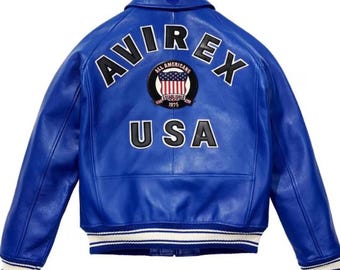 Handmade Men's Blue Cowhide Leather Avirex USA Jacket