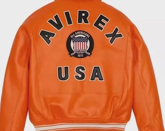 Giacca Avirex in pelle di vacchetta arancione da uomo fatta a mano: stile iconico degli USA
