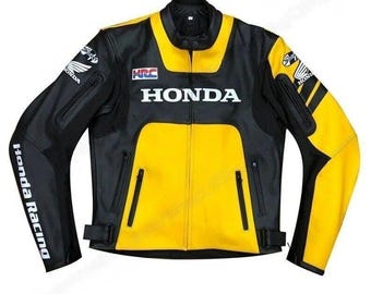 Ręcznie robiona żółta skórzana kurtka motocyklowa Honda