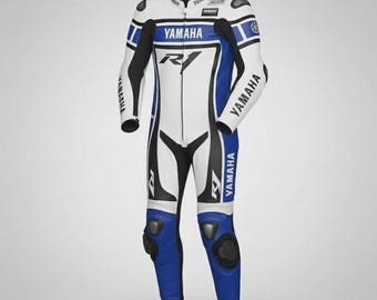 Yahama R1 Einteiliger Leder Motorrad-Rennanzug - Blau Weißes Trainingsgerät