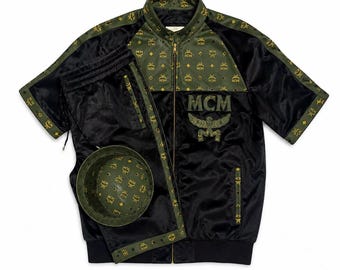 MCM Schwarz Olive Leder authentische Trainingsanzug Kurzarm-Jacke, Shorts, und Hut