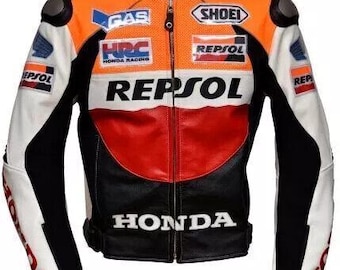 Handmade Honda Repsol Leather Motorcycle Jacket: Orange Biker Jacket