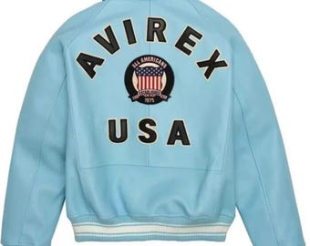 Handmade Sky Blue Cowhide Leather Avirex Jacket: USA Iconic Style