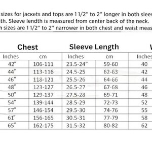 May include: A black and white sizing chart for jackets and tops, listing measurements in inches and centimeters for chest, sleeve length, and waist across sizes XS to 5XL. It includes notes on tall and slim fit adjustments for body and sleeve length.