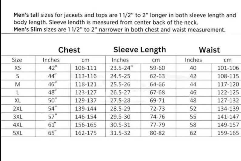 May include: A black and white sizing chart for jackets and tops, listing measurements in inches and centimeters for chest, sleeve length, and waist across sizes XS to 5XL. It includes notes on tall and slim fit adjustments for body and sleeve length.