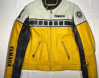 Kurtka skórzana Yamaha Racing Vintage | Żółto-białe ubranie motocyklisty | Kurtka motocyklowa R-Series | Odzież sportowa unisex