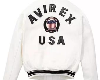 Giacca Avirex in pelle di vacchetta bianca fatta a mano: stile iconico personalizzato degli Stati Uniti