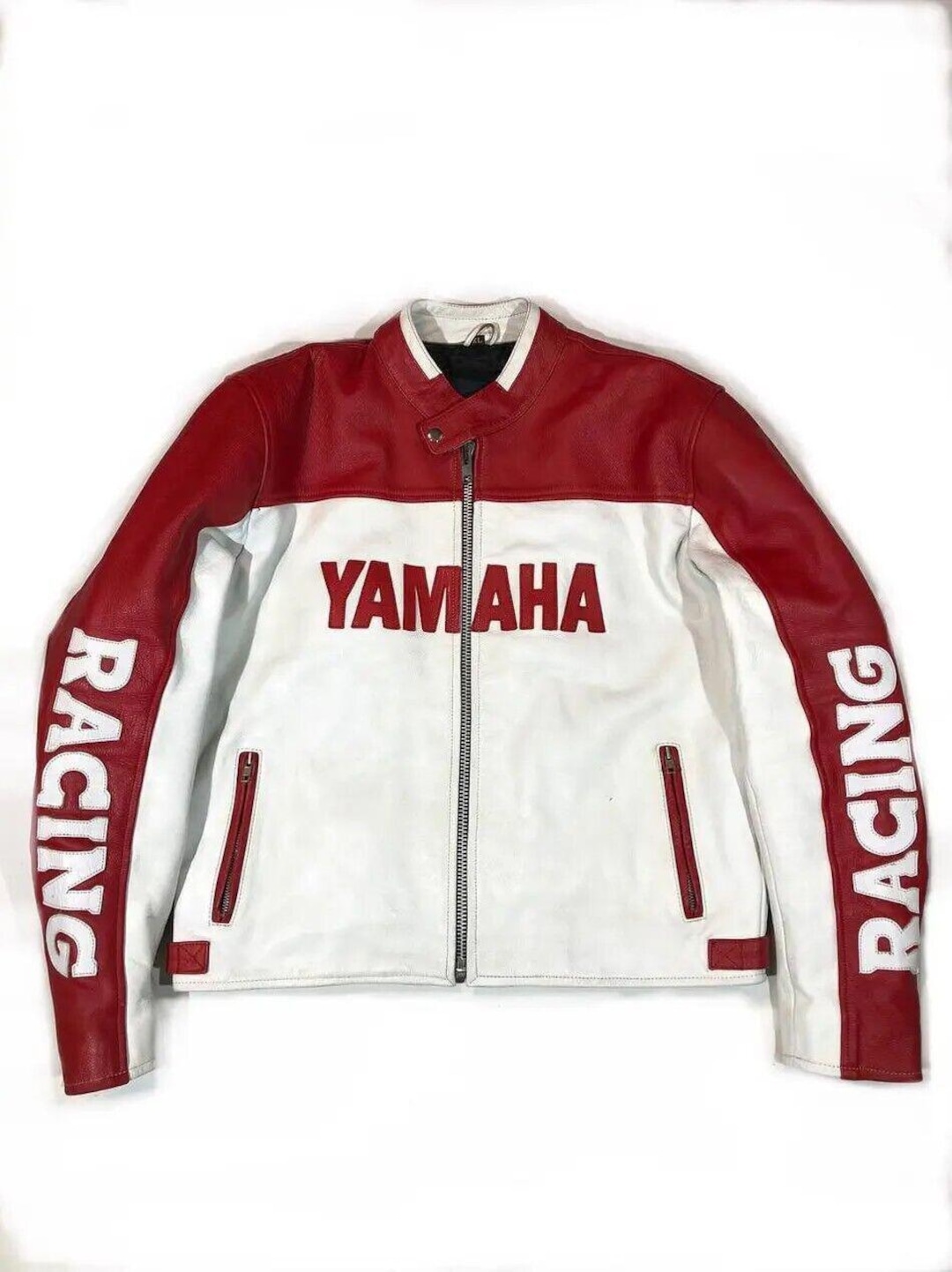 ヴィンテージヤマハレーシングレザージャケット：赤と白のバイクギア