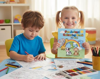 May include: Two children are seated at a blue table, coloring. One child holds a "Fun Animal Colouring Book for Kids" with animal illustrations. Colored pencils and coloring pages are on the table, suggesting a creative activity.