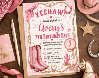 Pink Cowgirl Birthday Invitation, Editable Canva Western Girl Birthday Invite, Pink Rodeo Party Printable Template