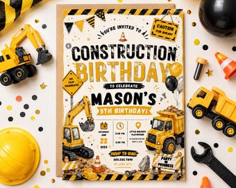 Construction Birthday Invitation Template, Construction Party Invite, Digger Birthday Invitation, Truck Birthday Party, Canva Template