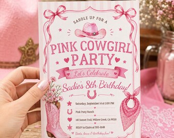 Pink Cowgirl Birthday Invitation, Editable Canva Western Girl Birthday Invite, Pink Rodeo Party Printable Template