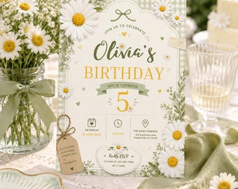 Daisy Birthday Invitation, Editable Canva Green Gingham Girl Birthday Invite, Floral Garden Party Digital Template