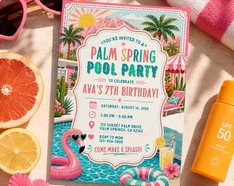 Pool Party Birthday Party Invitation Template, Hand Drawn Whimsical Swim Birthday Invite,  Summer Birthday Pool Celebration,Canva invitation