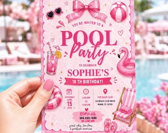 Pool Party Birthday Party Invitation Template, Hand Drawn Whimsical Swim Birthday Invite,  Summer Birthday Pool Celebration,Canva invitation