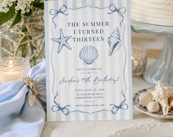 The Summer I Turned Pretty Birthday Invitation Coastal Birthday Invite Beach Party (Editable Printable Template), canva