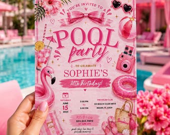Pool Party Birthday Party Invitation Template, Hand Drawn Whimsical Swim Birthday Invite,  Summer Birthday Pool Celebration,Canva invitation