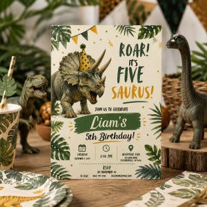 Five A-Saurus Birthday Invitation, Dinosaur 5th Birthday Invite, T-rex Birthday ,Dino Party, Dinosaur Digital Invitation, Boho, Editable