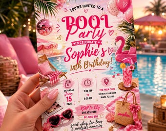Pool Party Birthday Party Invitation Template, Hand Drawn Whimsical Swim Birthday Invite,  Summer Birthday Pool Celebration,Canva invitation