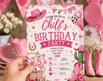 Pink Cowgirl 5th Birthday Invitation, Editable Canva Western Girl Birthday Invite, Pink Rodeo Party Printable Template