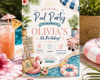 Pool Party Birthday Party Invitation Template, Hand Drawn Whimsical Swim Birthday Invite,  Summer Birthday Pool Celebration,Canva invitation