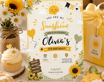 You Are My Sunshine Birthday Invitation, Editable Canva Sunshine Birthday Invite, Yellow Daisy Digital Phone Invitation Template