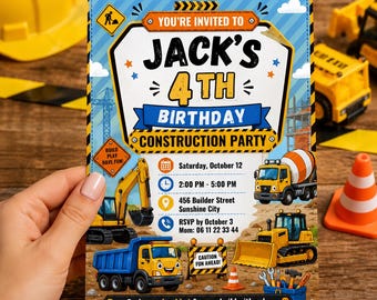 Construction Birthday Invitation Template, Construction Party Invite, Digger Birthday Invitation, Truck Birthday Party, Canva Template