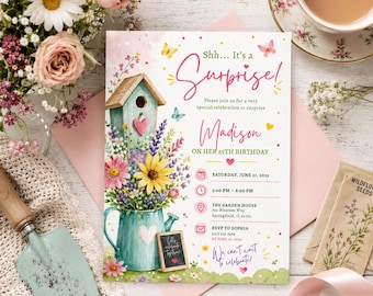 Wildflowers Surprise 70th 80th 90th Birthday Invitation for Women, Shhh its a Surprise,Digital Party Invitations Template,canva, any age