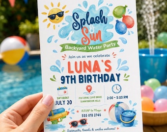 Water Gun Birthday Invitation, Boy Summer Water Splash Party Invite, Backyard Water Bash Invitation | Canva Editable Printable Inst Download