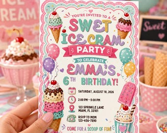 Ice Cream Birthday Invitation, Editable Canva Sweet Celebration Girl Birthday Invite, Printable Pastel Summer Party Template