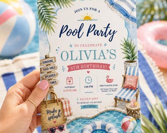 Pool Party Birthday Party Invitation Template, Hand Drawn Whimsical Swim Birthday Invite,  Summer Birthday Pool Celebration,Canva invitation