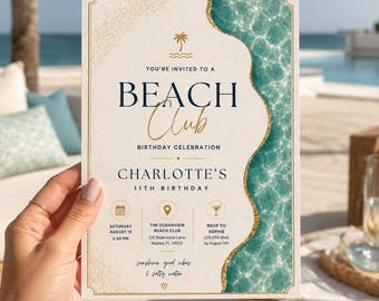 Beach Club Birthday Invitation, Editable Canva Coastal Beach Party Invite, Ocean Pool Party Printable Template