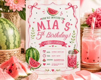 Watermelon Birthday Invitation, Editable Canva Sweet As Summer Girl Birthday Invite, Printable Summer Party Template