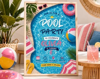 Pool Party Birthday Party Invitation Template, Hand Drawn Whimsical Swim Birthday Invite,  Summer Birthday Pool Celebration,Canva invitation
