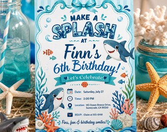 Shark Party digital invite template , Shark Birthday Invitation , Ocean Summer theme Editable Canva Template , Digital
