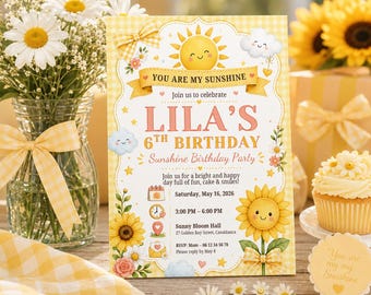 You Are My Sunshine Birthday Invitation, Editable Canva Sunshine Birthday Invite, Yellow Daisy Digital Phone Invitation Template