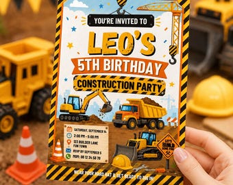Construction Birthday Invitation Template, Construction Party Invite, Digger Birthday Invitation, Truck Birthday Party, Canva Template