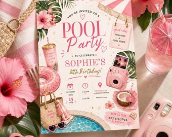 Pool Party Birthday Party Invitation Template, Hand Drawn Whimsical Swim Birthday Invite,  Summer Birthday Pool Celebration,Canva invitation