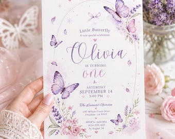 Pastel Watercolor Butterfly First Birthday Invitation, Editable Canva Template, Lavender Floral Girl 1st Birthday Invite,