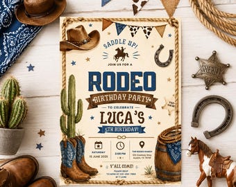 Editable Wild West Vintage Western Ranch Cowboy First Rodeo 1st Birthday Invitation Template, Canva Template