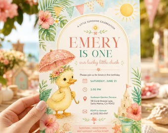 Lucky Duck Birthday Invitation , Yellow Pink Spring Floral , Editable Canva Template