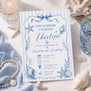 The Summer I Turned Pretty Birthday Invitation Coastal Birthday Invite Beach Party (Editable Printable Template), canva