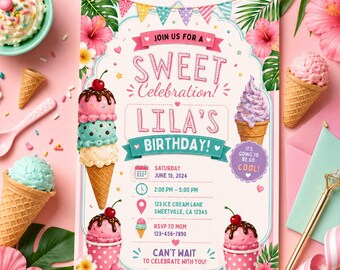 Ice Cream Birthday Invitation, Editable Canva Sweet Celebration Girl Birthday Invite, Printable Pastel Summer Party Template