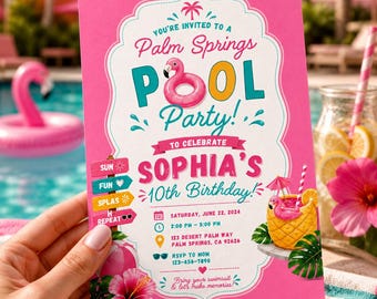 Pool Party Birthday Party Invitation Template, Hand Drawn Whimsical Swim Birthday Invite,  Summer Birthday Pool Celebration,Canva invitation