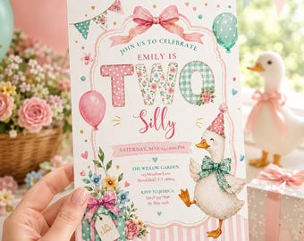 Two Silly 2nd Birthday Invitation, Girl Pink Floral Silly Goose, Coquette Bow, Canva Template
